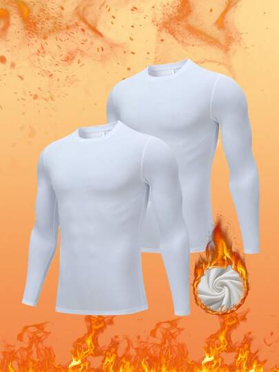 两件装男士白色保暖内衣上衣，贴身保暖，舒适弹力，防寒居家睡衣，户外穿着内衣，冬季保暖礼物，温暖舒适。