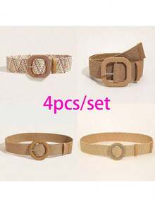 4pcs/2pcs/1pc Women Bohemian Style Wooden Buckle Straw Woven Belt, Suitable For Summer, School, Autumn, Christmas - Multicolor - View 16