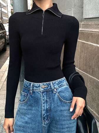 Women's Slimming Versatile Zipper Half-Collar Long Sleeve Knit Sweater Top