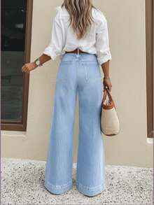 Women's Casual Wide Leg Jeans, Elegant & Fashionable Long Style With Pockets, Medium Stretch Washed Fabric