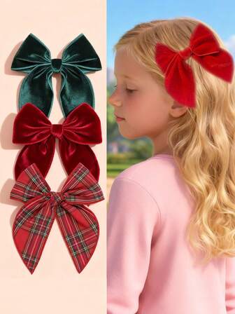 1/2/3 Pieces Set / Girls' Velvet Hair Clips, Large Velvet Bows, Handmade Hair Accessories, Red Bow, Hair Accessories For Girls, Suitable For Daily Wear And Parties