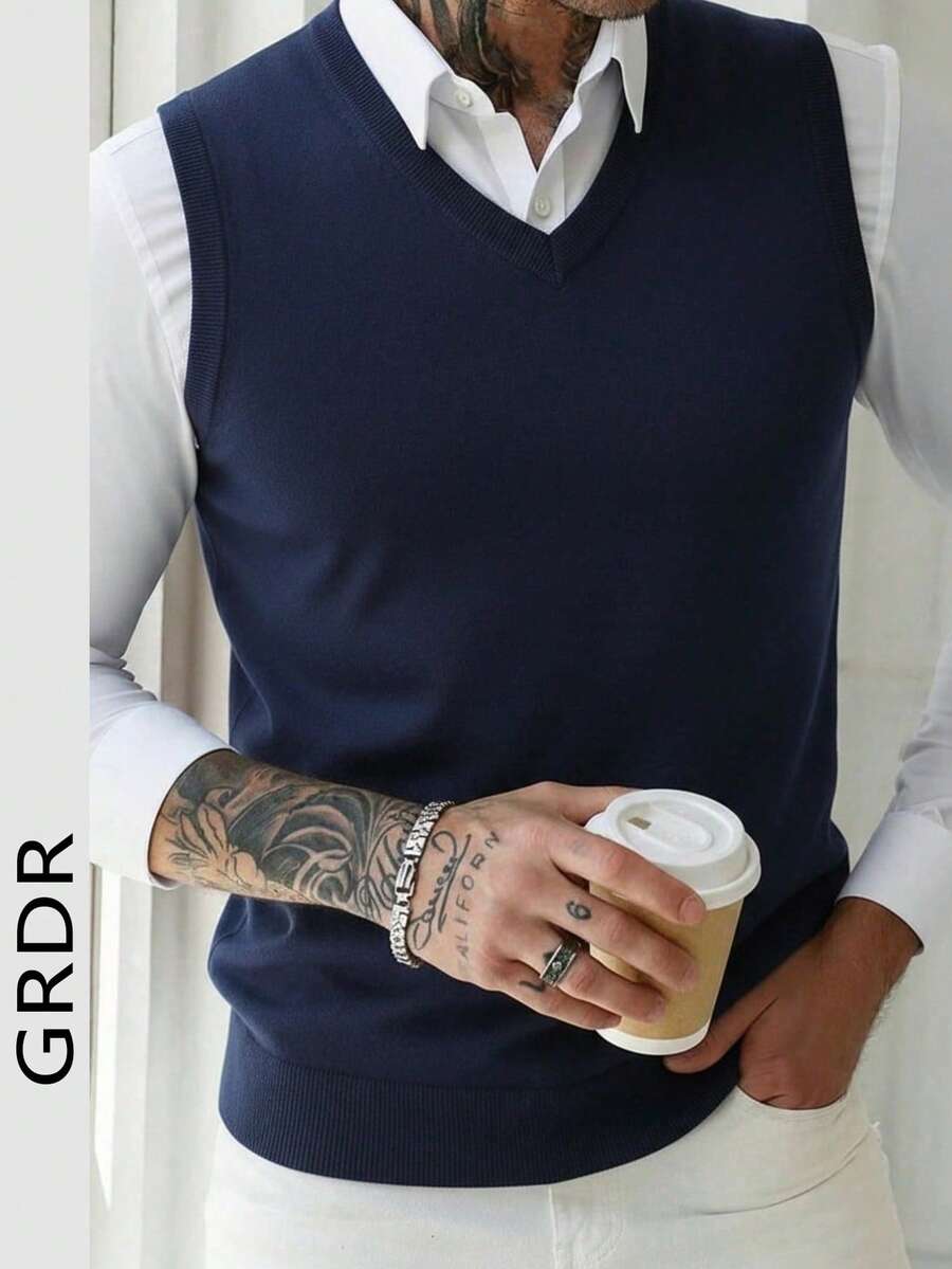 GRDR Men's Solid Color V-Neck Elegant Fashion Knitted Vest, Autumn/Winter