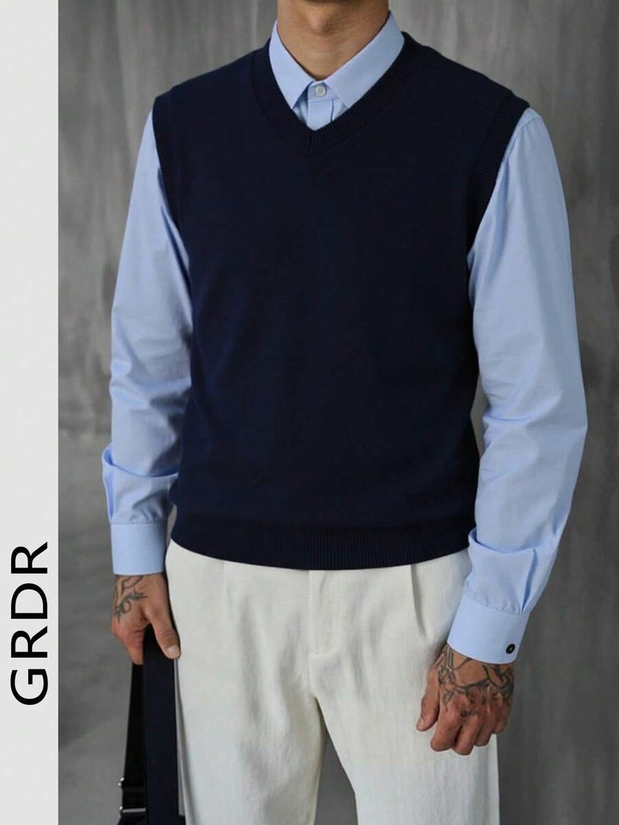 Chaleco de punto casual y versátil de unicolor con cuello en V para hombre GRDR