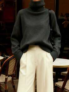 Women's Casual Loose Knit Pullover Sweater, Gray, Elegant Urban Fashion For Autumn/Winter, Comfortable Relaxed Fit Knit Top, High Neck Long Sleeve Sweater, 2025 Autumn/Winter New Arrival - Grey - View 2