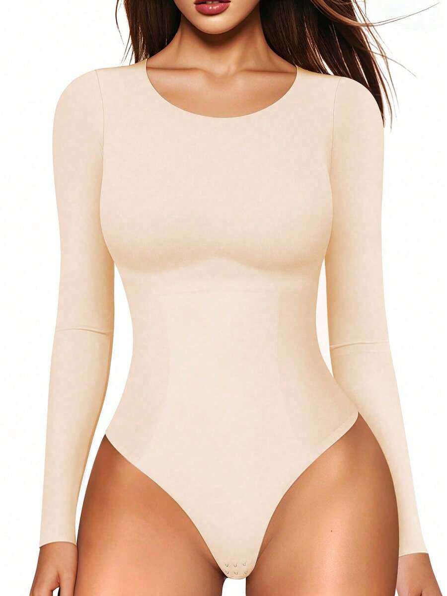 Nebility Sports  Long Sleeve Bodysuit Tummy Control Body Suits For Womens Slimming Crew Neck Bodysuits - Màu be - Xem 1