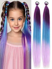 2pcs Purple Red Pink Tinsel Ponytail Extension With Elastic Hair Tie Synthetic Braiding Hair For Kids Girls Crazy Hair Day Brave Hair - Multicolor - View 16