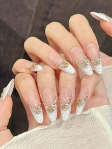 10PCS Long Oval Handmade Press On Nails For Party And Daily Wear,White Nails, Shiny Cat's Eye,Oval Nails,Gradual Butterfly Drill,Shiny And Dazzling,Easy To Wear 10pcs Y2K Handmade Press On Nails,Suitable For Girls And Women Festivals Parties And Daily Wear Nail Supplies - White - View 3