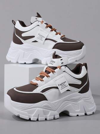 Milad 彩色系列皮革鞋面内增高厚底运动鞋，女款棕色厚底厚底休闲鞋