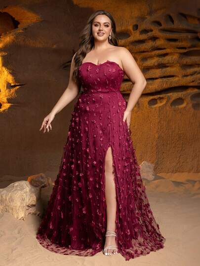 Faeriesty Style Strapless Sweetheart High-Slit Floral Applique A-Line Formal Evening Gown For Plus-Size Women - Perfect For Black-Tie Galas, Charity Balls, Red Carpet Events, Grand Anniversary Dinners, And Presidential Banquets