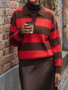 2025 Women's Autumn/Winter Fashion New Arrival, Streetwear/Commuter/Casual Comfort/Stylish Personality, Ins European And American Style Fashion Polo Collar Long Sleeve Contrast Stripe Pullover Knit Sweater - Multicolor - View 5