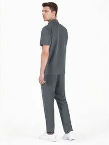 cimmuovere Men's V-Neck Short Sleeve Multi-Pocket Top And Solid Scrubs Pants, Medical Uniform