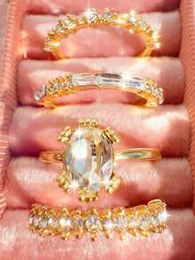 4 件套时尚精致奢华高端百搭休闲优雅水钻镶嵌金色合金戒指，适合作为送给女朋友的礼物、结婚/订婚戒指 - 彩色 - 查看 2