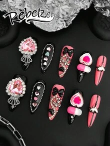 10 Pieces Acrylic Press On Nails, Beautiful Almond-Shaped Fake Nails, DIY, Nail Supplies,The Collision Of Rose-Red And White Tones, Enhanced By Sequins And Diamond Decorations, Presents A New Sweet Yet Cool And Eye-Catching Proposition,Suitable For Ladies To Use In Weddings, Parties, Holidays, Gift Nail Tools. - Multicolor - View 1