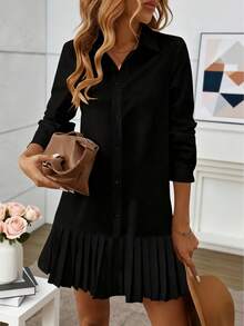 Women Elegant Solid Color Pleated Stand Collar Front Button Closure Side Slit Shirt Dress