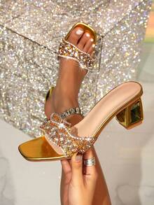 Women's High Heel Sandals, New European And American Style Minimalist Square Toe High Heels, Influencer Same Style Strap Outdoor Sandals With Metal Rhinestones, Sexy And Fashionable High Heel Sandals - Gold - View 5