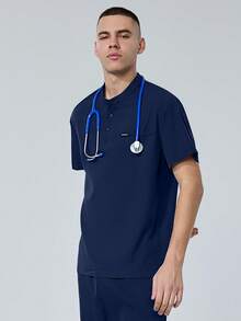 cimmuovere Parte superior de pijama médico de manga corta con múltiples bolsillos de unicolor para hombres, uniforme médico, uniforme de enfermería, uniforme de dentista, uniforme de hospital veterinario, uniforme de laboratorio - Azul Marino - Ver 7