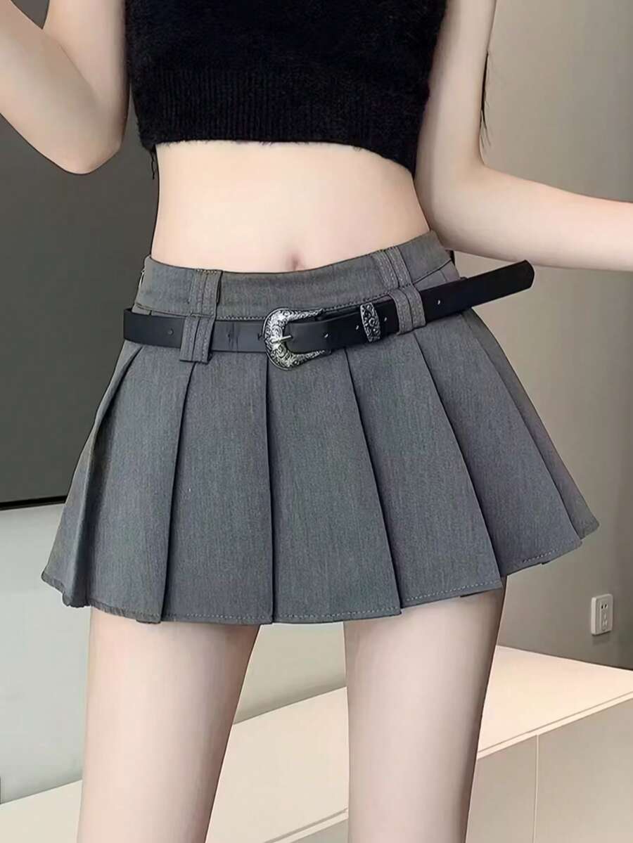 Women's Fashion Pleated Mini Skirt With Belt, Grey Casual A-Line High Waist Non-Stretch Fabric Skirt, Suitable For Daily Wear - Grey - View 1