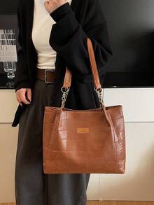 Nuova borsa a tracolla/borsetta casual in pelle PU di grande capacità, borsa a spalla/borsetta da donna di moda in colore unito con cerniera - Castano - Visualizzare 5