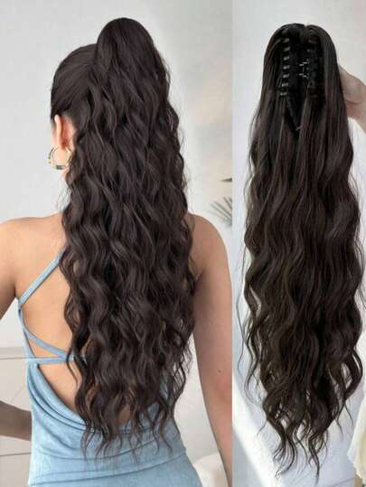 送给女性的完美礼物：22英寸棕色水波纹马尾假发，爪夹式合成假发，适合日常造型和角色扮演，耐热纤维（/生日礼物）休闲发夹 冬季发饰 时尚发爪 优雅发饰