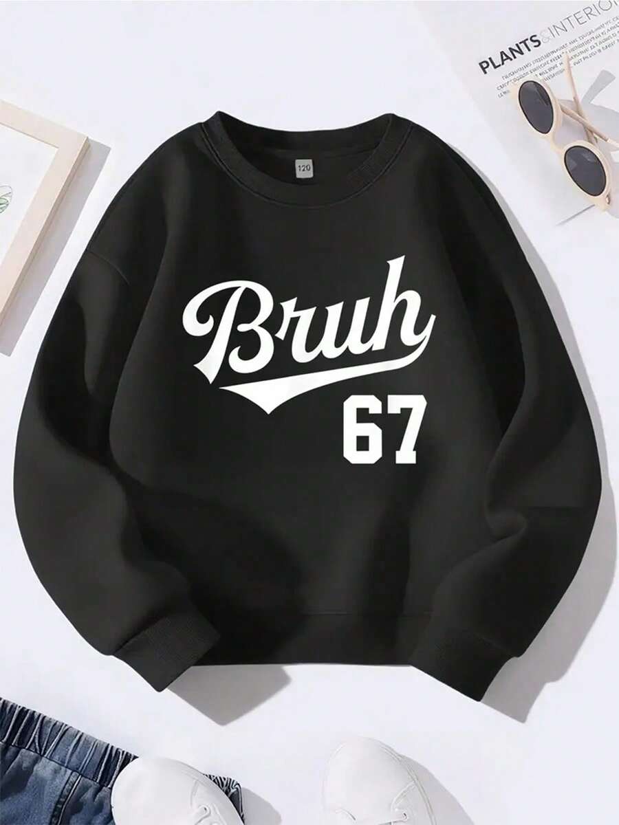 Black 67 Number 67 Print Sweatshirt - Oversized Casual Round Neck Sweater With 'Bruh 67' White Cursive Lettering & Number 67 Design, Warm Winter Fall Clothing For, Casual Attire & 67-Themed Outfits - 黑色 - 查看 1