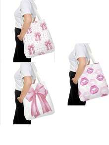 Pink Bow & Lip Print Print Double-Sided Printing Tote Bag,Polka Dots Paintings Pattern Grocery Bag,Boho Academy Style Shopping Bag,Fall Thanksgiving Gifts,Suitable For Daily Use, Picnics And Beach Vacations, Work, School, Gifts16in*14in