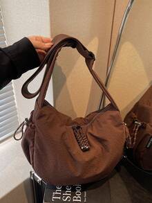 1个复古日系轻便大容量迷你格子布新月形包，简约休闲可折叠多口袋拉链斜挎包，适合休闲、通勤、运动、上学、街头穿着 - 咖啡 - 查看 6