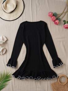 性感波浪卷边荷叶边迷你毛衣连衣裙，可爱风，街头风，时尚，适合派对、情人节、新年等场合 - 黑色 - 查看 5