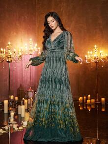 UNITHORSE [Random Cut] Women's Elegant V-Neck Long Sleeve Waist Decorated Evening Gown Dress - Dark Green - View 1