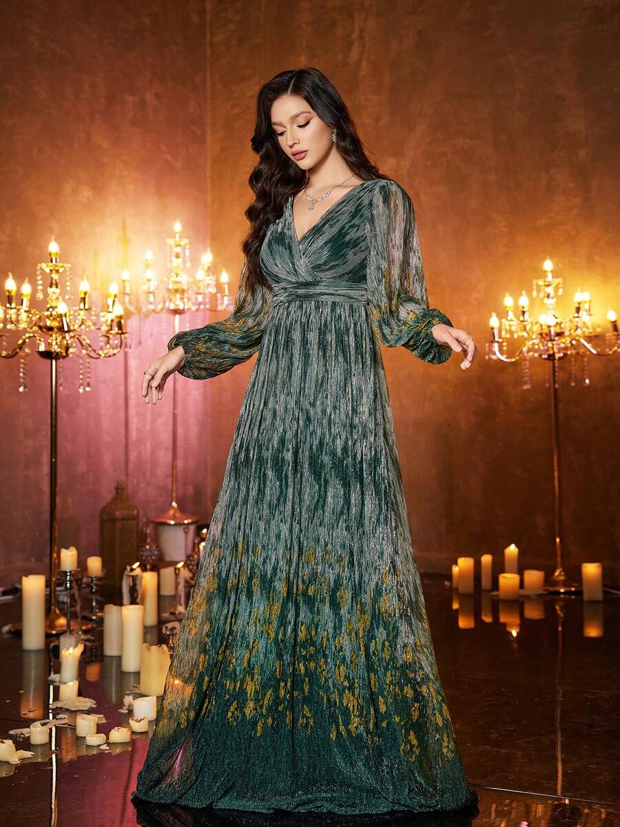 UNITHORSE [Random Cut] Women's Elegant V-Neck Long Sleeve Waist Decorated Evening Gown Dress - Dark Green - View 1