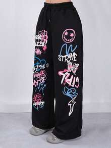 Es Trus, Women's Printed Hip-Hop "Fun Graffiti" Personalized Pattern Printed Street, Korean Version Of Comfortable Retro Fashion Commuting Versatile Y2k Clothing Women's Clothing, Suitable For Outdoor Leisure, Regular Niche Punk Style Black Long Length, Women's Jogging Pants, Straight Pants Spring - Black - View 3