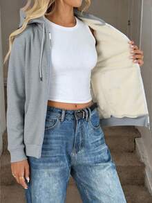 1 Áo khoác hoodie lót nhiệt dành cho nữ, màu trơn tối giản, chiều dài thông thường, phong cách thường ngày, thích hợp mặc hàng ngày, mùa thu/đông - Xám - Xem 2