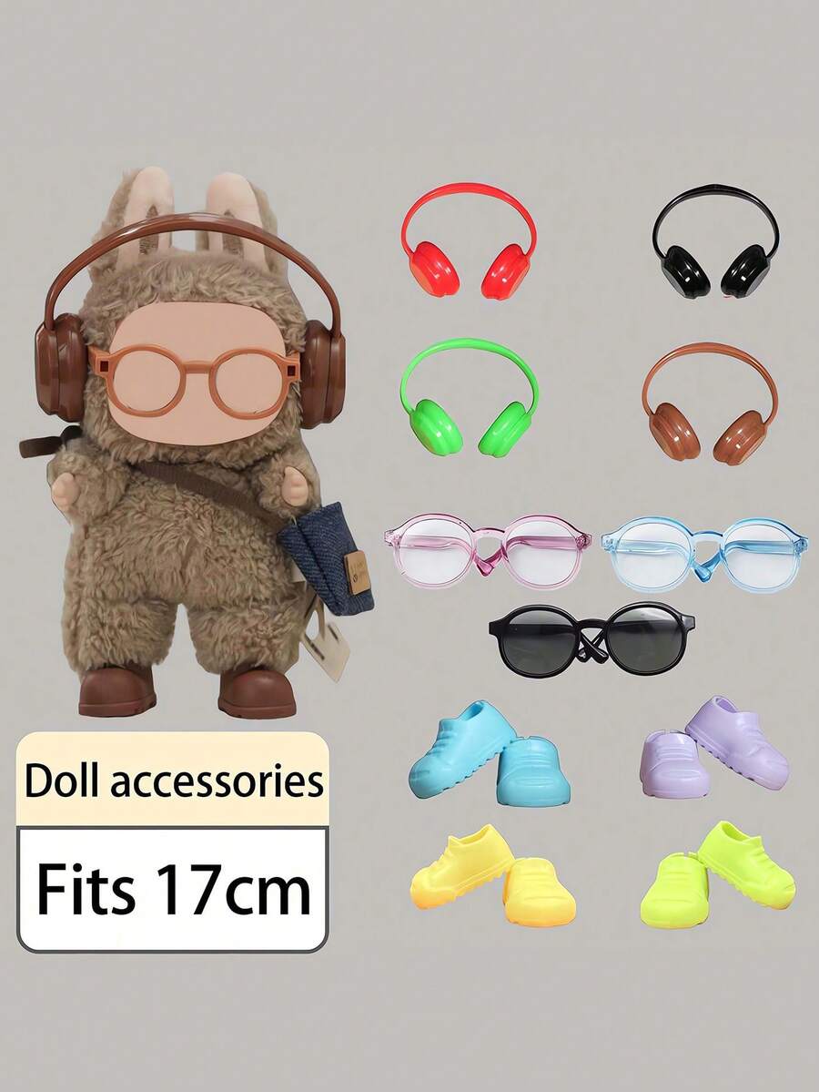 Für Labubu 2. / 3. Generation Modeset 17cm Kunstmodell für LABUBU 17CM Vinyl-Figur mit vollständigem Zubehör - Kopfhörer + Brille + bunte abnehmbare Miniatur-Stiefel Kleidung Wohndekoration, geeignet als Geschenk für Freunde, Familie, Partner, Halloween/Weihnachten, lässige vielseitige Outfit-Accessoires