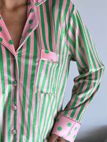 Women's Striped  Polka Dot Satin Pajama Set - Long Sleeve Button-Down Top With Wide-Leg Pants - Chic Mixed Print Loungewear - màu xanh lá - Xem 4