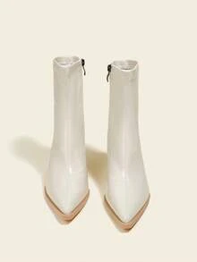 8.5cm Chunky Heel Pointed Toe Ankle Boots & Short Boots, Comfortable Fashion Slim Boots, Beige, 2025 - Beige - View 2