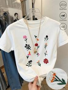 Women's Casual Floral Embroidered White Polyester Breathable Regular Fit Round Neck Short Sleeve Spring Summer Daily Shirt - 1 - Xem 7