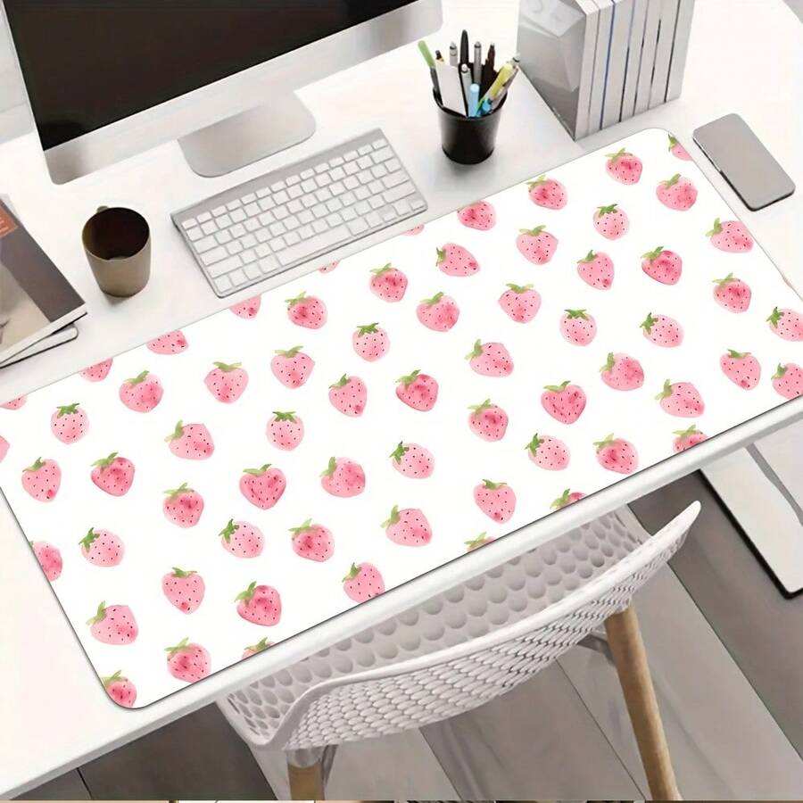 1pc Cute Strawberry Pineapple Playful Design Gaming Mouse Pad & Desk - Non-Slip Rubber Base, Washable Surface, Durable Office School Home Decor Computer Accessory, Large Mousepad Desk, Smooth Texture - 15.75*35.43英寸 - 查看 1