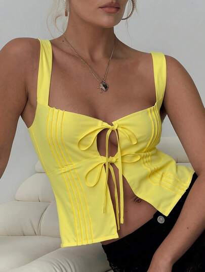 Women's Solid Yellow Elegant Romantic Bohemian Tie-Up Sleeveless Blouse, Suitable For Daily Wear, Summer Vacation, And Dates