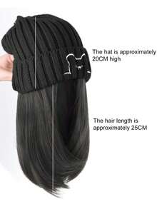 合成假发帽，一体式可爱小熊针织假发帽 - 女士合成纤维假发帽，中长直发，灰黑色 - 彩色 - 查看 5