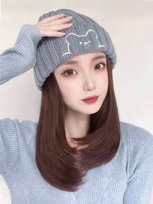 合成假发帽，一体式可爱小熊针织假发帽 - 女士合成纤维假发帽，中长直发，灰黑色 - 彩色 - 查看 14