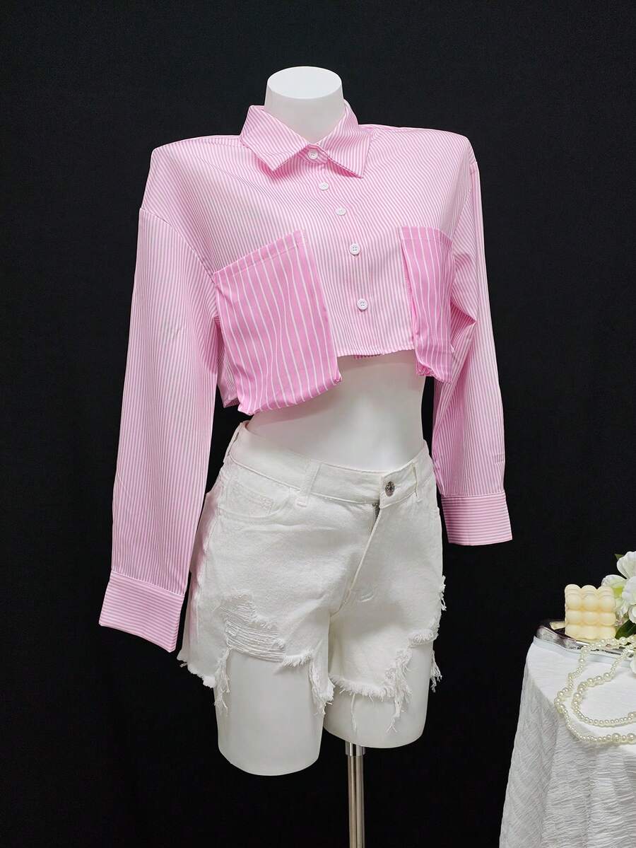 Happy Girl Striped Casual Fashion Blouse, Versatile For Spring/Autumn, Suitable For Vacation, Office, Daily Wear, Travel, Airport, Women Long Sleeve Cropped Shirt - Pink - View 1