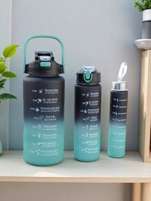 3pcs Set Plastic Gradient Color Drinking Cup With Lid & Straw, Large Capacity Outdoor Sports Water Bottle