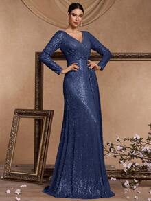 Vestido ajustado de línea A de manga larga con cuello en V con lentejuelas de alta calidad, vestido de noche elegante y de lujo de unicolor para mujeres (con adornos), adecuado para fiestas, graduaciones, bodas, eventos y diversos banquetes y bailes