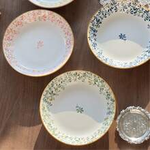 4件套8英寸/20.2厘米陶瓷花卉图案意面/沙拉/甜点盘，可爱餐具套装，适用于家庭、厨房、餐厅，餐具配件 - 彩色 - 查看 4