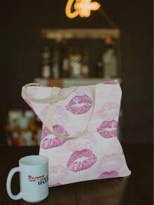 Pink Bow & Lip Print Print Double-Sided Printing Tote Bag,Polka Dots Paintings Pattern Grocery Bag,Boho Academy Style Shopping Bag,Fall Thanksgiving Gifts,Suitable For Daily Use, Picnics And Beach Vacations, Work, School, Gifts16in*14in