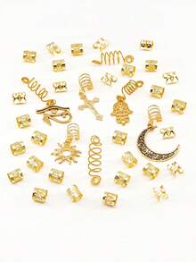 37件套金色发饰，适用于辫子、脏辫、交叉辫子夹、多款式脏辫珠子、螺旋发饰、金属发圈、发饰，男女皆宜 - 金色 - 查看 2