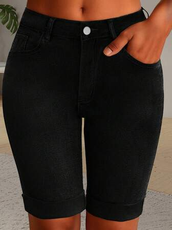 女式水洗紧身弹力牛仔骑行裤，带口袋