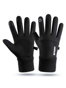 1 Pair Women's Warm Full Finger Gloves, Warm Lining, Anti-Slip, Waterproof, Letter Decor, Windproof, Suitable For Outdoor Sports, Cycling In Winter