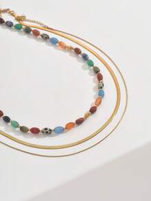 3pcs/Set Bohemian High-End Natural Stone & Stainless Steel Snake Bone Chain Necklace Set, Suitable For Dates, Parties, Vacations - Multicolor - View 5