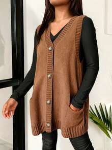 Plus Size Autumn/Winter Loose Fashion Casual Solid Color V-Neck Single Button Pocket Design Mid-Length Cardigan Sweater Vest - Brown - View 5