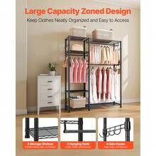 Clothing Garment Rack, Heavy Duty Clothes Rack, 6 Adjustable Tiers Clothes Racks With Steel Frame, 800 Lbs Load Capacity Closet Wardrobe With 3 Hanging Rods For Bedroom, Clothing Store, Hallway - Black - View 2